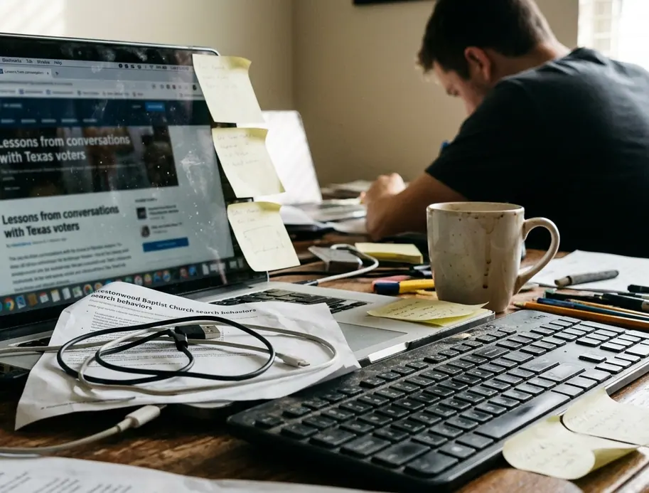 Editorial desk with notes and drafts