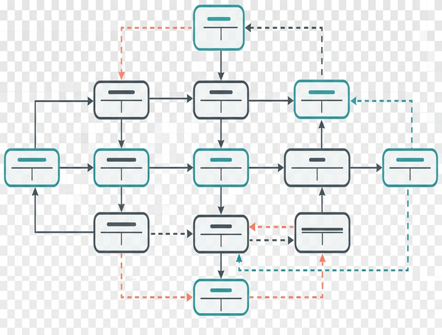 Chart , as rounded rectangles, , (teal, charcoal, coral) Lines: minimal stroke width, fully transparent