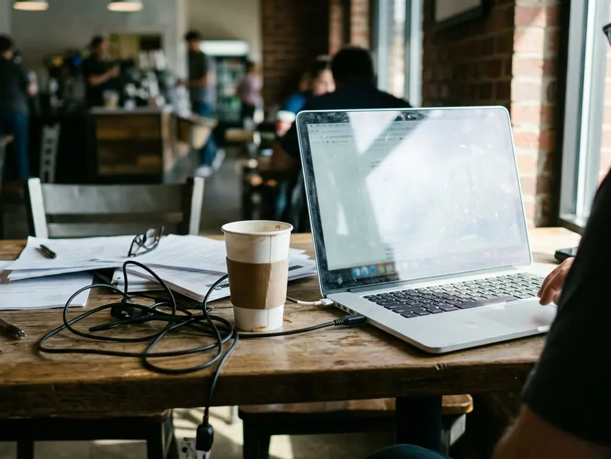 Candid shot of Coffee shop working environment documenting a laptop screen open to the Why