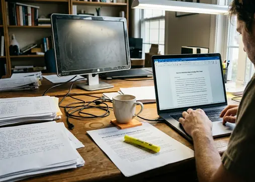 Field Home office writing setup with laptop displaying a draft titled How Local Decisions Shape
