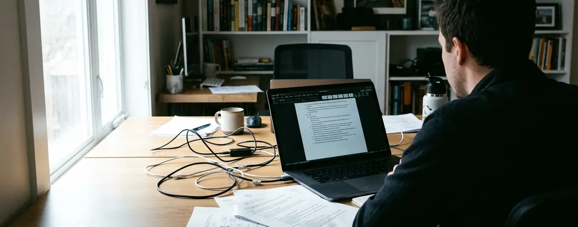 Observational Content creation workspace, clean aesthetic interrupted by authentic clutter
