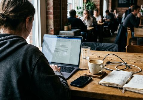 Coffee shop working environment where a blogger drafts a post on Texas civic participation