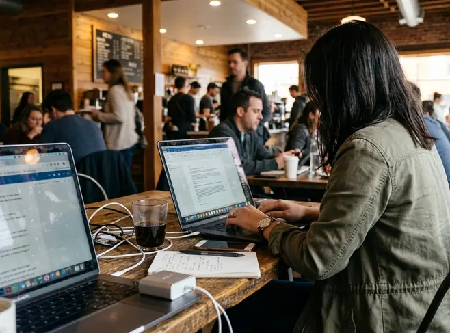Observational Coffee shop working environment where a blogger is drafting the article “What Happens