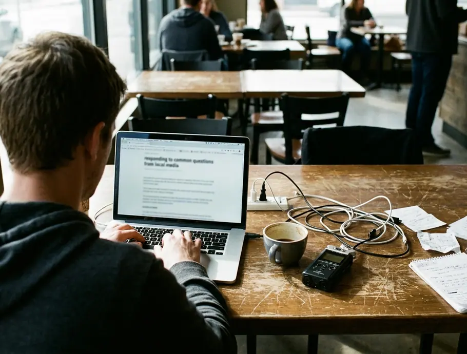 Candid shot of Coffee shop working environment showing a scratched table cluttered with a half-empty