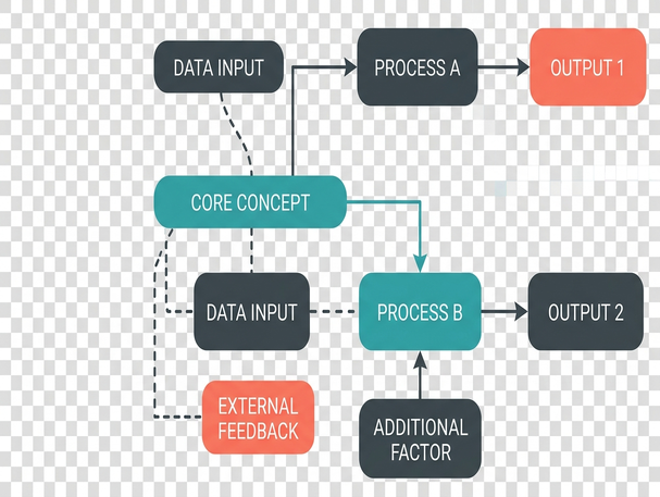 Chart , as rounded rectangles, , (teal, charcoal, coral) Lines: minimal stroke width, fully transparent